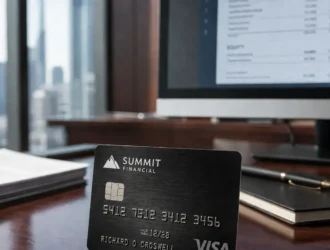 A high-tier Rewards Cards for grocery spending resting on a clean wooden desk in a modern financial office.