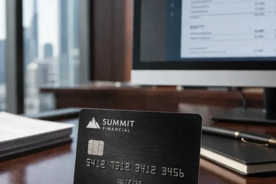 A high-tier Rewards Cards for grocery spending resting on a clean wooden desk in a modern financial office.