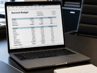 A professional desk with a laptop and a financial budget plan during a job loss.