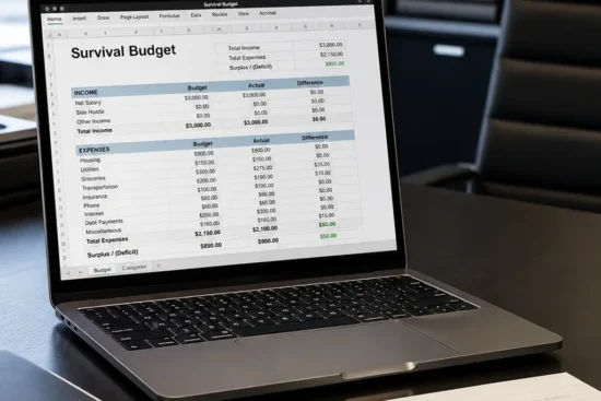 A professional desk with a laptop and a financial budget plan during a job loss.