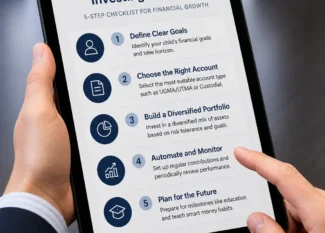 A step-by-step strategy for minor child investing on a digital tablet.