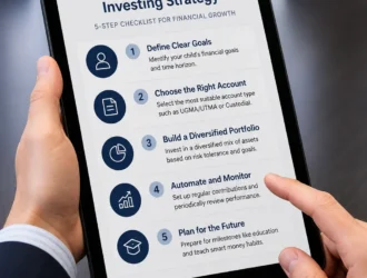 A step-by-step strategy for minor child investing on a digital tablet.