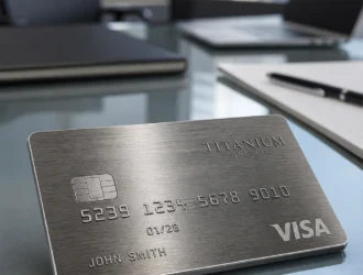 A premium metal credit card resting on a clean glass desk in a modern financial office.