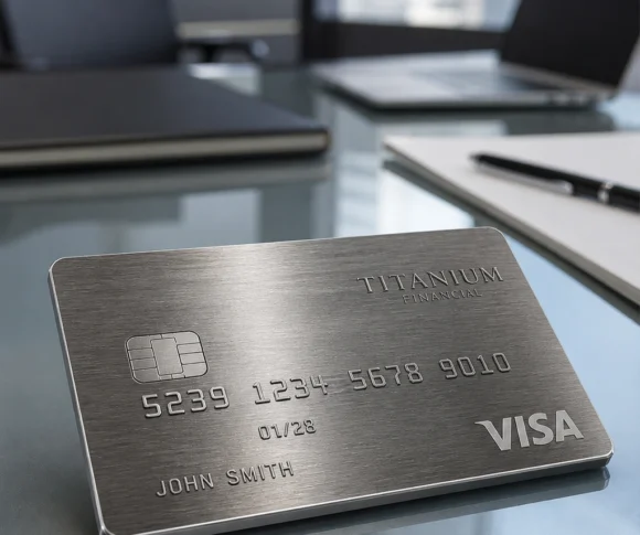 A premium metal credit card resting on a clean glass desk in a modern financial office.